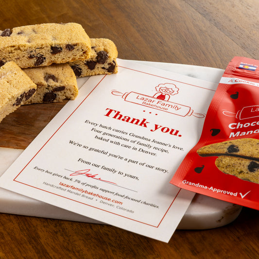 Chocolate chip mandel bread with a handwritten-style thank-you note, the kind of personal touch that makes a care package