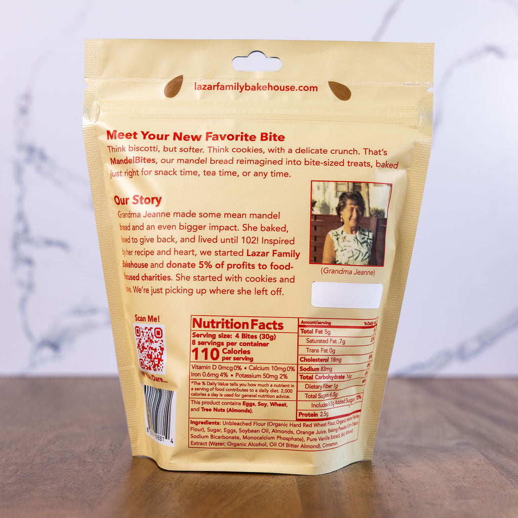 Back of an Almond MandelBites pouch showing the ingredient and allergen label, where kosher certification marks would appear