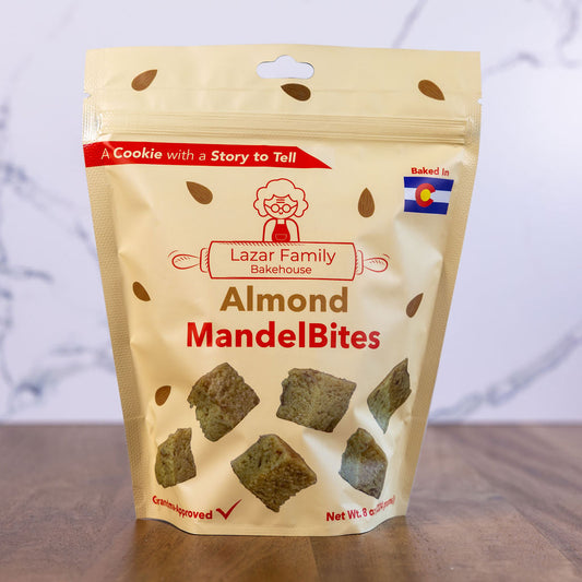 Almond MandelBites pouch, traditional oil-based mandel bread in the pareve style of Ashkenazi baking
