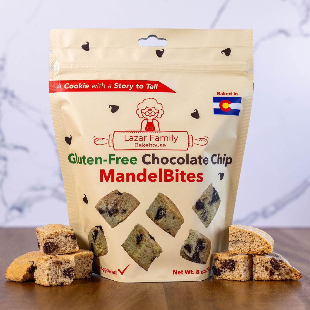 Gluten-Free Chocolate-Chip MandelBites pouch with loose pieces from Lazar Family Bakehouse