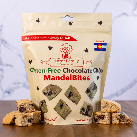 Gluten-Free Chocolate-Chip MandelBites pouch with loose pieces from Lazar Family Bakehouse