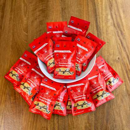 Individually wrapped two-packs of chocolate-chip mandel bread
